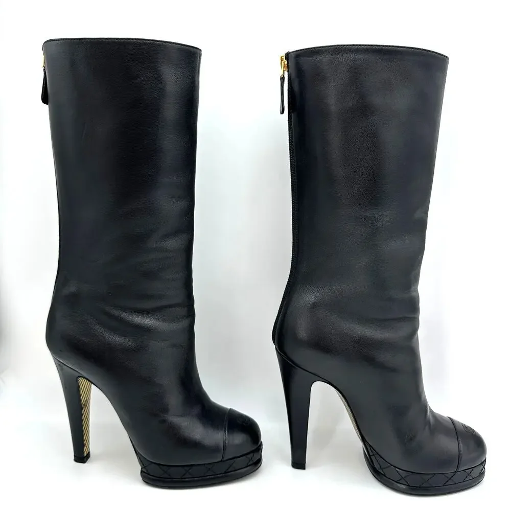 CHANEL Black Leather CC Cap Toe Quilter Platform Heel Boots IT 36